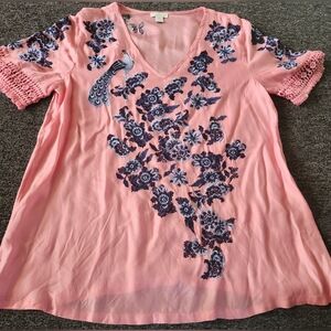 Pink Floral Embroidered Women's Top
